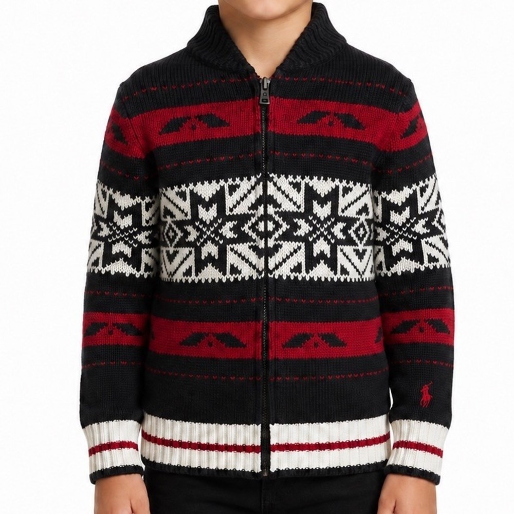 Polo Ralph Lauren Boys 8 Fair Isle Cotton Wool Full Zip Fish Sweater Nordic Ski